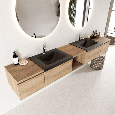 MONDIAZ BUKLA 240cm badmeubel met open module 40 midden kleur Washed Oak met 4 lades. Wastafel CLOUD dubbel 2 kraangaten kleur Urban.