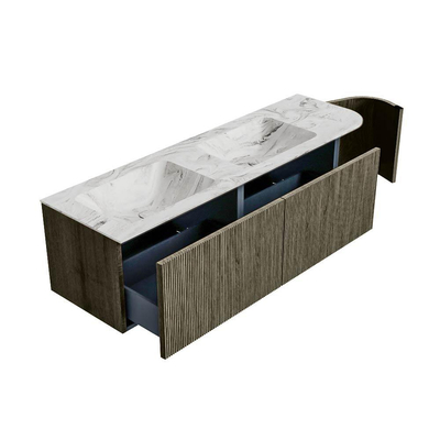 Mondiaz KURVE-DLUX Badkamermeubelset - 155x46x40cm - 2 lade - 1 deur - wastafel solid surface - dubbel / links - 2 kraangaten - Shadow