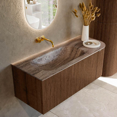 MONDIAZ KURVE-DLUX Meuble de salle de bains 115cm arrondi Droite couleur Walnut avec 1 tiroir et 1 porte. Lavabo BIG SMALL Gauche sans trou de robinet Oza.