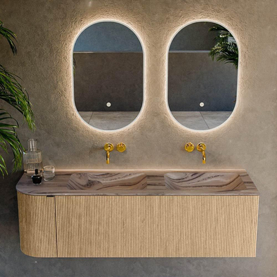 MONDIAZ KURVE-DLUX 145cm badmeubel ronding Links kleur Oak met 1 lade en 1 deur. Wastafel LEAF Dubbel / Rechts zonder kraangat Sombra.
