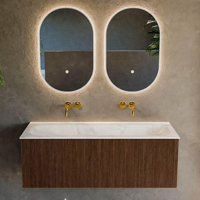 MONDIAZ KURVE-DLUX 120cm badmeubel kleur Walnut met 1 lade. Wastafel BIG LARGE midden zonder kraangat kleur Ostra.