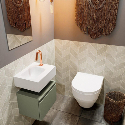 MONDIAZ ANDOR Toiletmeubel 40x30x30cm met 1 kraangaten 1 lades army mat Wastafel Lex links Solid Surface Wit