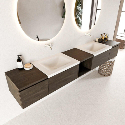 MONDIAZ BUKLA 240cm meuble de salle de bain avec module ouvert 40 au milieu couleur Marron Foncé avec 4 tiroirs. Lavabo CLOUD double 0 trou de robinet couleur Talc.