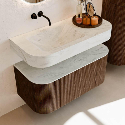 MONDIAZ THOR-DLUX Meuble de salle de bains - 100cm - arrondi gauche + droite - couleur Walnut - 1 tiroir - 2 portes - Vasque suspendue CLOUD Gauche sans trou de robinet - couleur Opalo