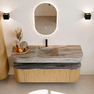 MONDIAZ THOR-DLUX 150cm badmeubel ronding links + rechts kleur Oak met 1 lade en 2 deuren. Vrijhangende wastafel CLOUD Midden 1 kraangat kleur Oza.