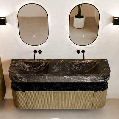 MONDIAZ THOR-DLUX 160cm meuble de salle de bains arrondi gauche + droite couleur Dusk avec 1 tiroir et 2 portes. Vasque suspendue CLOUD Double sans trou de robinet couleur Lava.