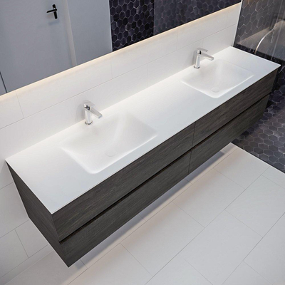 Mondiaz VICA ensemble de meuble de salle de bain - 200cm - meuble sous-vasque marron foncé - 4 tiroirs - lavabo CLOUD double 2 trous de robinet - miroir LED - version XL 60cm de haut