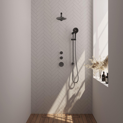 Brauer Gunmetal Edition Douche pluie thermostatique avec pommeau 20cm et bras mural 40cm et douchette Rond 3 jet flexible lisse avec coude mural Gunmetal brossé PVD