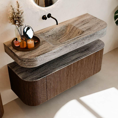 MONDIAZ THOR-DLUX 130cm badmeubel ronding links + rechts kleur Walnut met 1 lade en 2 deuren. Vrijhangende wastafel CLOUD Midden zonder kraangat kleur Oza.