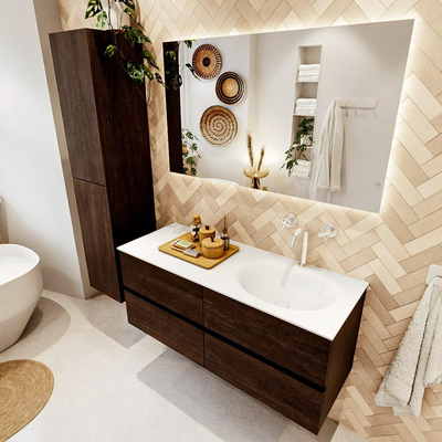 Mondiaz VICA Ensemble de meuble de salle de bain - 120cm - meuble sous-vasque marron foncé - 4 tiroirs - lavabo moon droite - 1 trou de robinet - version haute de 60cm - talc