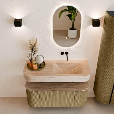 MONDIAZ THOR-DLUX Meuble de salle de bains 110cm arrondi gauche + droite couleur Dusk avec 1 tiroir et 2 portes. Vasque suspendue CLOUD Droite sans trou de robinet couleur Saba.