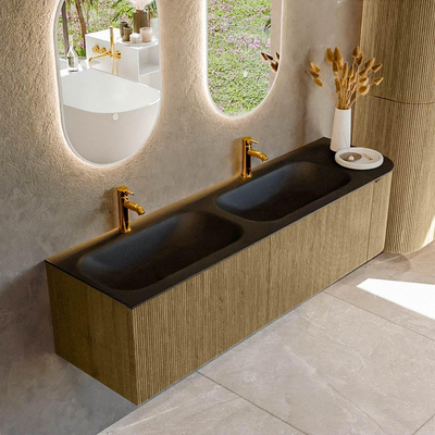 Mondiaz KURVE Ensemble de meuble de salle de bains - 165x46x40cm - 2 tiroirs - 1 porte - lavabo solid surface - double / gauche - 2 trous de robinet - Dusk