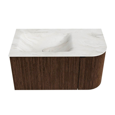 MONDIAZ KURVE-DLUX 85cm badmeubel met module 25 R kleur Walnut met 1 lade en 1 deur. Wastafel CLOUD links zonder kraangat kleur Ostra.