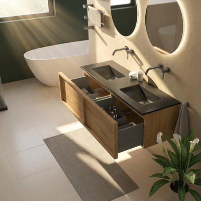 Saniclass Holz Frame Ensemble meuble de salle de bains - 140x45x42cm - lavabo Vygo en céramique noir - 2 vasques - sans trous de robinetterie - 2 tiroirs - chêne natural mat (bois)