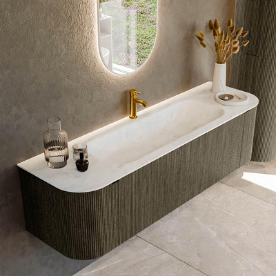 Mondiaz KURVE-DLUX Badkamermeubelset - 160x46x40cm - 1 lade - 2 deuren - wastafel solid surface - midden - 1 kraangat - Shadow