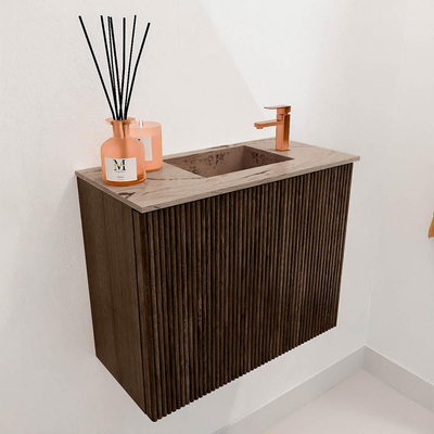 Mondiaz JOYA-DLUX 50cm toiletmeubel - kleur Walnut - Wastafel FAYE positie Rechts 1 kraangat kleur Arena.