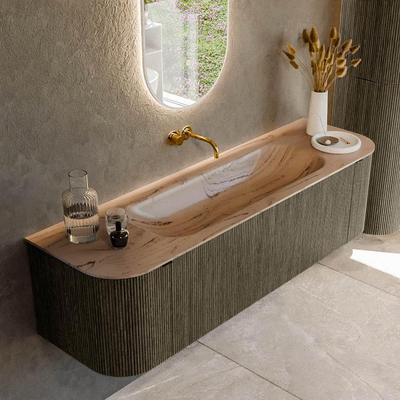 MONDIAZ KURVE-DLUX Meuble de salle de bains 160cm arrondi Gauche + Droite couleur Shadow avec 1 tiroir et 2 portes. Lavabo BIG MEDIUM Milieu sans trou de robinet Arena.