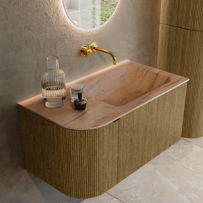 MONDIAZ KURVE-DLUX Meuble de salle de bains 85cm arrondi à gauche couleur Dusk avec 1 tiroir et 1 porte. Lavabo CLOUD à droite sans trou de robinet Saba.