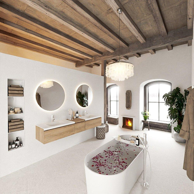 MONDIAZ BUKLA 200cm ensemble de meuble avec module 40 couleur Chêne blanchi avec 3 tiroirs. Lavabo CLOUD double 2 trous de robinet couleur Talc.