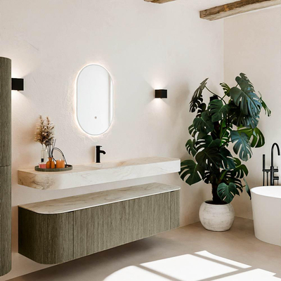 MONDIAZ THOR-DLUX 170cm meuble de salle de bains arrondi gauche + droite couleur Shadow avec 1 tiroir et 2 portes. Vasque suspendue CLOUD Milieu 1 trou de robinet couleur Ostra.