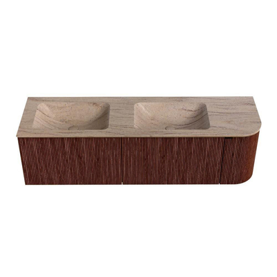 MONDIAZ KURVE-DLUX 155cm badmeubel ronding Rechts kleur Ruby met 2 lades en 1 deur. Wastafel LEAF Dubbel / Links zonder kraangat Saba.