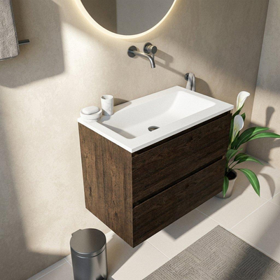Saniclass Holz Pure Ensemble de meubles de salle de bains - 80x45x77.5cm - lavabo Torino en solid surface blanc - sans trou de robinet - 2 tiroirs - chêne charcoal mat (bois)