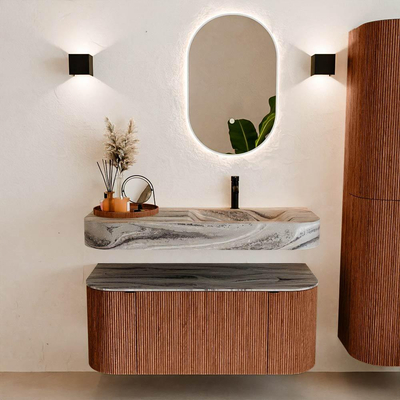 MONDIAZ THOR-DLUX 110cm badmeubel ronding links + rechts kleur Ruby met 1 lade en 2 deuren. Vrijhangende wastafel CLOUD Rechts 1 kraangat kleur Sombra.