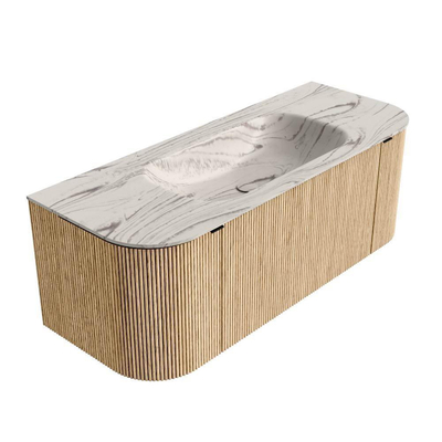 MONDIAZ KURVE-DLUX 120cm badmeubel ronding Links + Rechts kleur Oak met 1 lade en 2 deuren. Wastafel BIG SMALL Midden zonder kraangat Nata.