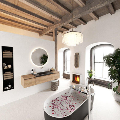 MONDIAZ BUKLA Meuble de salle de bains 160cm avec module 40 couleur Washed Oak avec 3 tiroirs. Lavabo CLOUD au milieu 0 trous de robinet couleur Urban.