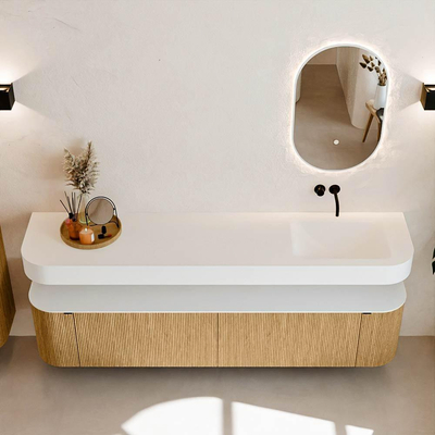 MONDIAZ THOR 200cm meuble de salle de bains arrondi gauche + droite couleur Oak avec 2 tiroirs et 2 portes. Vasque suspendue CLOUD Droite sans trou de robinet couleur Talc.