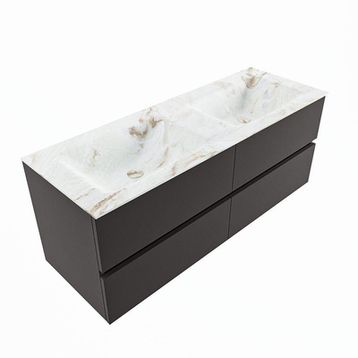 Mondiaz VICA-DLUX ensemble de meuble de salle de bain - 130cm - meuble sous-vasque gris foncé - 4 tiroirs - lavabo encastré cloud double - sans trous de robinet - version haute de 60cm - frape