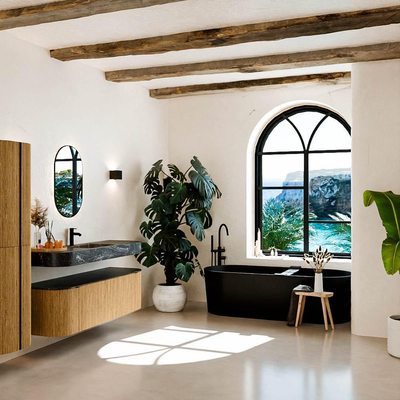 MONDIAZ THOR-DLUX 150cm badmeubel ronding links + rechts kleur Oak met 1 lade en 2 deuren. Vrijhangende wastafel CLOUD Midden 1 kraangat kleur Lava.