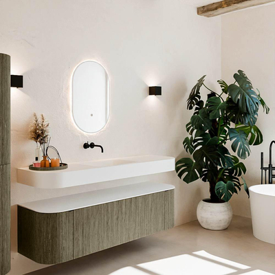 MONDIAZ THOR 160cm meuble de salle de bains arrondi gauche + droite couleur Shadow avec 1 tiroir et 2 portes. Vasque suspendue CLOUD Centre sans trou de robinet couleur Talc.