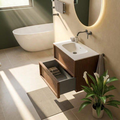Saniclass Holz Frame Ensemble meuble de salle de bains - 80x45x61.5cm - Flow lavabo en solid surface blanc - 1 vasque - sans trou de robinetterie - 2 tiroirs - walnut pure mat (bois)