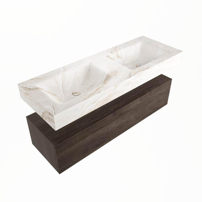 Mondiaz ALAN-DLUX Ensemble de meuble de salle de bain - 200x46cm - 1 tiroir - vasque suspendue - sans trous de robinetterie - 1 double - Dark Brown (chêne foncé)