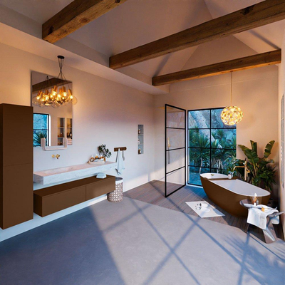 Mondiaz ALAN-DLUX Ensemble de meuble - 150cm - meuble Rust mat - 2 tiroirs - Lavabo Cloud Opalo suspendu - vasque Gauche - 0 trous de robinet