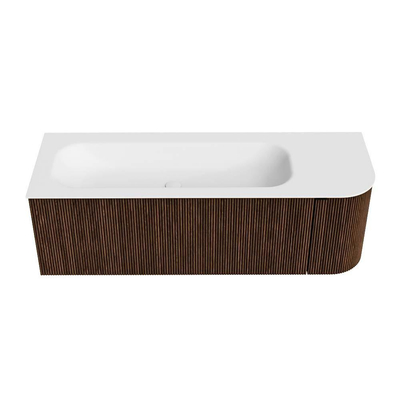 MONDIAZ KURVE Meuble de salle de bains 135 cm avec module 25 R couleur Walnut avec 1 tiroir et 1 porte. Lavabo BIG MEDIUM gauche 1 trou de robinet Talc.