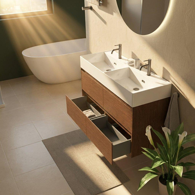 Saniclass Holz Pure Ensemble meuble de salle de bains - 120x45x72cm - lavabo Legend en céramique blanc - 2 vasques - 2 trous de robinet - 4 tiroirs - walnut pure mat (bois)