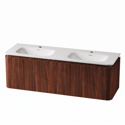 Royal Plaza Terra Badkamermeubelset - 140x46.2x46cm - solid surface wastafel wit mat - 2 wasbakken - 2 kraangaten - 4 lades - kastanje (walnoot)