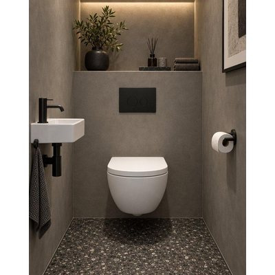 QeramiQ Dely Swirl Set WC Compact - réservoir encastré QeramiQ flush - abattant 25 mm - plaque de commande métallique noir mat - boutons ronds - blanc mat