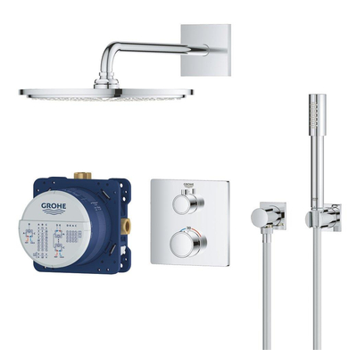 GROHE Grohtherm Ensemble de douche pluie Perfect - pomme de douche 31cm - douchette à main bâton 2 jets - partie extérieure rectangulaire chrome