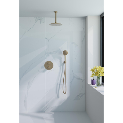 Fortifura Calvi Ensemble de douche à l'italienne - rond - thermostatique - bras plafond - douche principale de 25 cm - douchette ronde - flexible lisse - Laiton brossé PVD (Or)