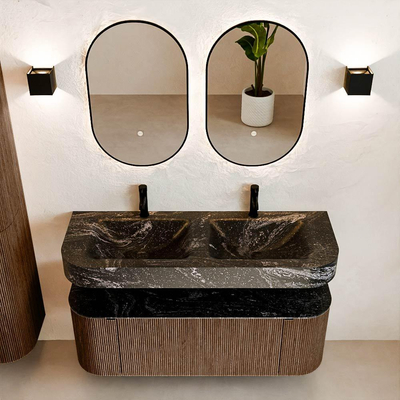 MONDIAZ THOR-DLUX 130cm meuble de salle de bains arrondi gauche + droite couleur Walnut avec 1 tiroir et 2 portes. Vasque suspendue CLOUD Double 2 trous de robinet couleur Lava.