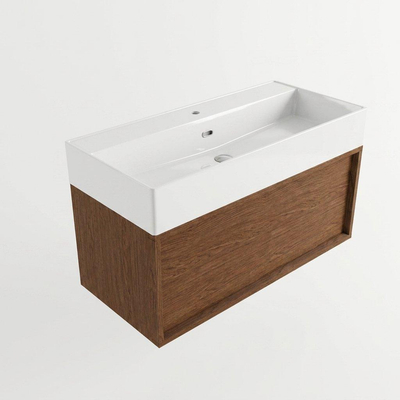 Saniclass Holz Frame Ensemble meuble de salle de bains - 100x45x52cm - Legend lavabo en céramique blanc - 1 vasque - 1 trou de robinet - 1 tiroir - mat walnut pure (bois)