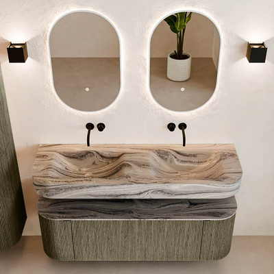 MONDIAZ THOR-DLUX 140cm meuble de salle de bains arrondi gauche + droite couleur Shadow avec 1 tiroir et 2 portes. Vasque suspendue CLOUD Double sans trou de robinet couleur Sombra.