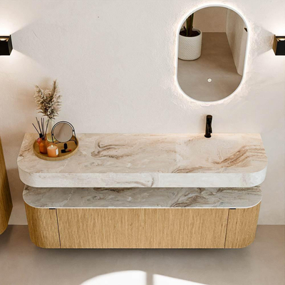 MONDIAZ THOR-DLUX 170cm badmeubel ronding links + rechts kleur Oak met 1 lade en 2 deuren. Vrijhangende wastafel CLOUD Rechts 1 kraangat kleur Frappe.