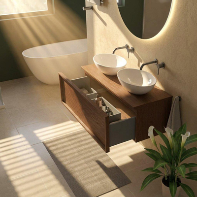 Saniclass Holz Frame Ensemble de meubles de salle de bains - 120x45x42cm - plan de toilette en bois - sans trou de robinet - 1 tiroir - walnut pure mat (bois)