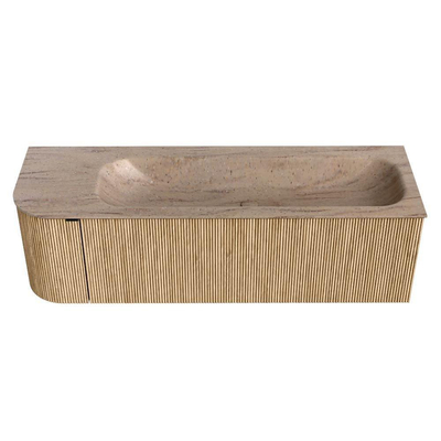 MONDIAZ KURVE-DLUX 145cm badmeubel ronding Links kleur Oak met 1 lade en 1 deur. Wastafel BIG LARGE Rechts zonder kraangat Saba.