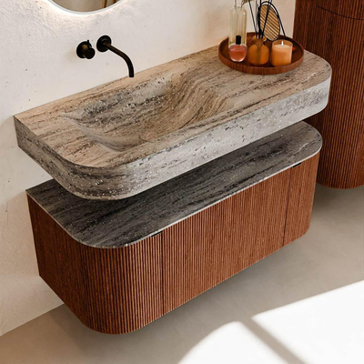 MONDIAZ THOR-DLUX 110cm meuble de salle de bains arrondi gauche + droite couleur Ruby avec 1 tiroir et 2 portes. Vasque suspendue CLOUD Gauche sans trou de robinet couleur Oza.