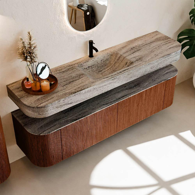 MONDIAZ THOR-DLUX Meuble de salle de bains - 180cm - arrondi gauche + droite - couleur Ruby - 2 tiroirs - 2 portes - Vasque suspendue CLOUD Milieu 1 trou de robinet couleur Oza